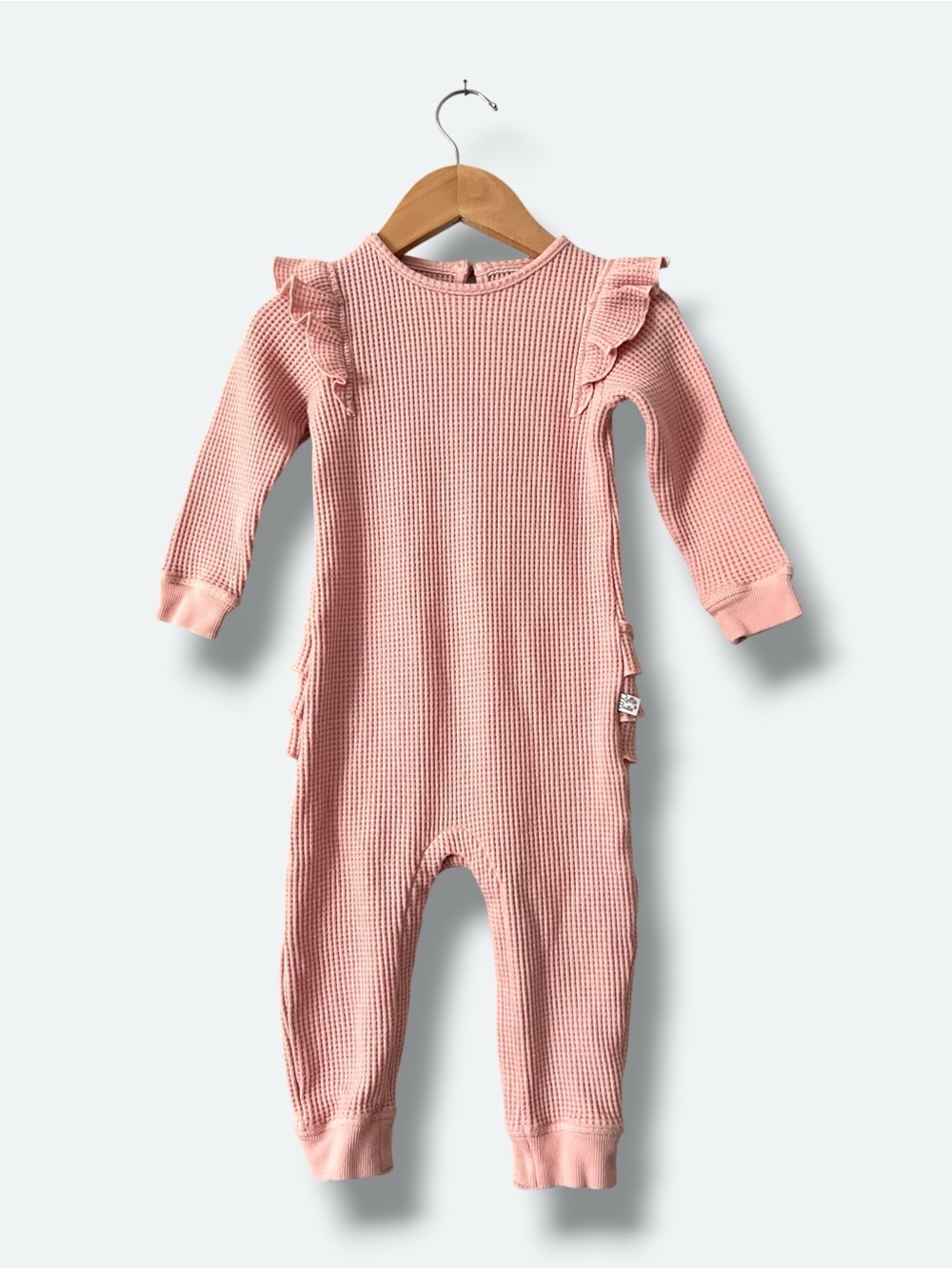 RuffleButts Waffle Knit Ruffle Romper Girls 2T Pink Long Sleeve One Piece